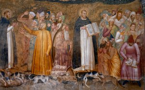 Triumf militantní církve: Tomáš Akvinský před heretiky a vpravo dole, Fra Dolcino roztrhal oficiální doktrínu církve. Kaple Spagniardů (Detail fresky, 1365)