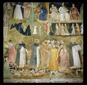 Svatý Dominik vysílající psy Páně se svatým Petrem mučedníkem a svatým Tomášem Akvinským, kolem roku 1369 od Andrea di Bonaiuto