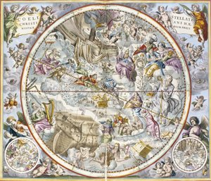 Mapa křesťanských souhvězdí podle zobrazení Julia Schillera z Nebeského atlasu nebo Atlasu Harmonie vesmíru coelestis seu harmonia macrocosmica pub. od Joannes Janssonius, Amste