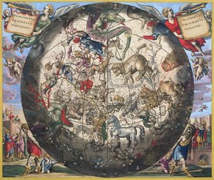 Severní (boreální) polokoule, z „Nebeského atlasu nebo harmonie vesmíru“, vyryto Pieterem Schenkem (1660-1719) a Gerardem Valkem (1651-1726) (ručně kolorovaná rytina) od Andreas Cellarius