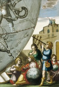 Vědci (astrologové a astronomové) studující glóby a mapu oblohy, detail z Atlas Coelestis seu Harmonia Macrocosmica od Andrease Cellariuse (1596-1665) od Andreas Cellarius