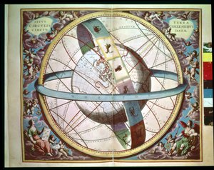 Mapa světa s obklopujícím zvěrokruhem „Situs Terrae Circulis Coelestibus Circumnate“ z „Nebeského atlasu nebo harmonie vesmíru“ (Atlas coelestis seu harmonia macrocosmica) Amsterdam, kolem 1660 od Andreas Cellarius