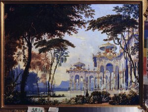 Palác - přípravná výzdoba pro operu "Rouslan a Ludmila" Michaila Glinky (1804-1857) - Scénický návrh pro operu Ruslan a Ludmila od M Glinky - Dílo Andrease Leonharda Rollera (1805-1891), akvarel a kvaš na papíře