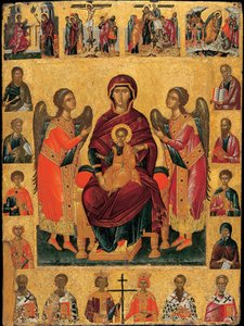 Panna s dítětem na trůnu (se dvěma anděly, scéna je rámována postavami evangelistů a světců, nad nimiž jsou výjevy umučení a pod nimi patriarchové církve) (Trůnící Panna s dítětem) - Ikona od Andrease