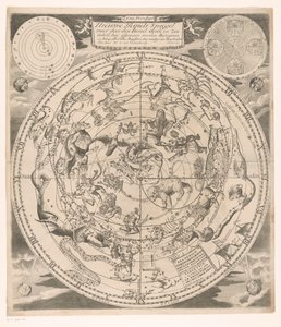 Mapa oblohy se severními souhvězdími Nové nebeské zrcadlo: kde okamžitě projde nebem, zemí a mořem (...) (titul na předmětu) od Andreas van Luchtenburg (possibly)