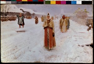 neděle (neděle). V zimě, na zasněžené silnici v Moskevském velkovévodství, v neklidných dobách (16.-17. století) starého Ruska, se z kostela vracejí Bojaři (boiardi, boiaři), muži a ženy v tradičních krojích. Andre maluje od Andrei Petrovich Ryabushkin