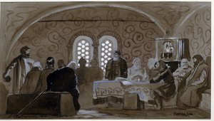 Duma v době bojarů (boiards, boiars) (The Boyar Duma). Poradní rada knížat Kyjevské Rusi (Ruthenia) v době cara Michaela I. Ruska (1596-1645). Dílo Andreje Petroviče Rjabuškina (Riaboutchkine) (1861-1904), akvarel