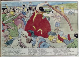 The Maid Beating the Novgorodians (Služka porazila Novgorodians). Ilustrace tradičního příběhu z mytologie s hrdinkou, která brání svobodu a nezávislost ruského lidu. Dílo Andreje Petroviče Rjabuškina (Riabutchkin) (1801- od Andrei Petrovich Ryabushkin