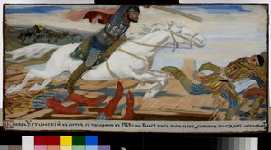 Princ Vasilij Uchtomskij má bitvu proti Tatarům (Tatarům) na Volze v roce 1469. (Princ Ukhtomsky v bitvě s Tatary u Volhy v roce 1469). Dílo Andreje Petroviče Rjabuškina (Riaboutchkine) (1861-1904), kvaš na papíře od Andrei Petrovich Ryabushkin