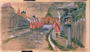 Pouliční hlídka u Iljinské brány ve staré Moskvě. Dílo Andreje Petroviče Rjabuškina (Riaboutchkine) (1861-1904), akvarel na papíře od Andrei Petrovich Ryabushkin