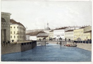 Le pont Bolshoi Koniushennyi a Petrohrad. (Bolšoj Koniushennyi most v Petrohradu). Lithographie et aquarelle od Andreje Jefimoviče Martynova (1768-1826)