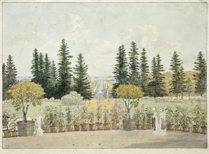 Pohled z terasy Velkého paláce Oranienbaum v Lomonossově, aglomeraci Petrohradu (Pohled z terasy Velkého paláce Oranienbaum). Dílo Andreje Jefimoviče Martynova (1768-1826), akvarel na papíře od Andrei Yefimovich Martynov