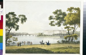 Pohled na palác na Kamenném ostrově (nebo Kamenný ostrov) v Petrohradu (Pohled na palác Kamenný ostrov v Petrohradu). Litografie a akvarel od Andreje Jefimoviče Martynova (1768-1826)