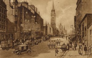 Edinburgh: High Street, při pohledu na Tron Church a St Giles Cathedral (litho)