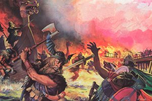Paříž pod útokem Vikingů (barevná litografie)