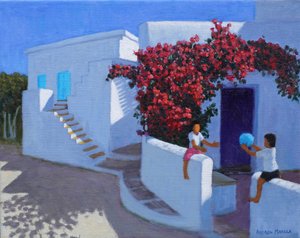 Hra s míčem, Samos, Řecko, 2022 (olej na plátně) od Andrew Macara