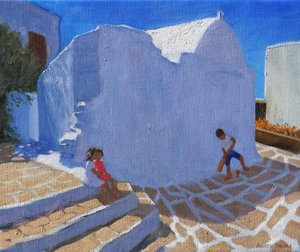Cvrček u zdi kostela, Mykonos ( olej na plátně) od Andrew Macara