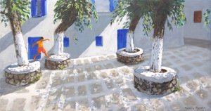 Four Trees, Mykonos Town, 2022 (öljy kankaalle) od Andrew Macara