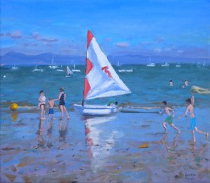 Červenobílá plachetnice ,Abersoch (olej na plátně) od Andrew Macara