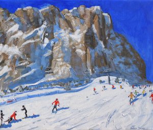 Sjezd na lyžích z hory,Selva Gardena, (olej na plátně ) od Andrew Macara