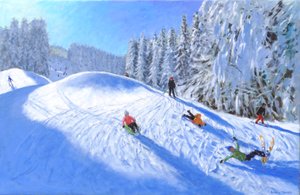 Lyžování v Morzine, Francie, 2023 (olej na plátně) od Andrew Macara