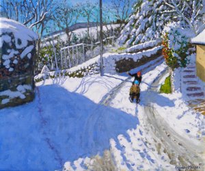Sáňkování ve Wirksworthu, Derbyshire, 2024 ( olej na plátně) od Andrew Macara