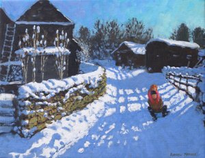 Sáňkování, poblíž Wintercroft Lane poblíž Dovedale a Thorpe. Ashbourne, 2021 (olej na plátně) od Andrew Macara