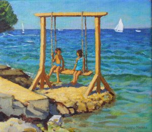 Houpačka, Funtana, Vrsar, Chorvatsko. 14x16" 2019 (olej na plátně) od Andrew Macara
