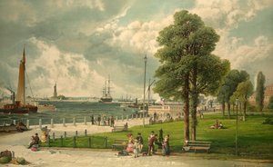 Castle Garden, New York, hospoda. 1887 (barevná litografie)