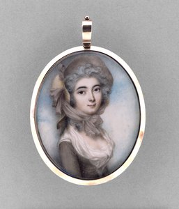 Portrét ženy, cca 1785 (akvarel na slonovině, 9k růžové zlato, vlasy, embosovaná metalická fólie a sklo)