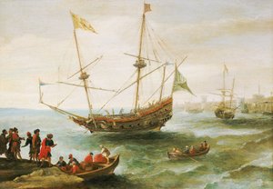 Alžířan kotvící v přístavu v Barbariku (název, který Evropané dali pobřeží severní Afriky od 16. do 19. století). Olejomalba, jejímž autorem je Andries van Eertvelt (1590-1652).