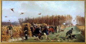 Lov střelba v bažantnici Obraz Ange-Louis Janet Lange (1815-1872) 19. století Sun. 1,1x1,9m. Compiegne, hradní muzeum
