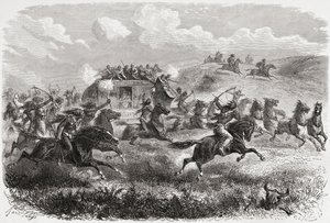 Indiáni útočící na transkontinentální dostavník v roce 1867, ilustrace ze „Světa v rukou“, vyrytý Charlesem Laplantem († 1903), vydáno 1878