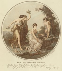 Dvě nymfy se vysmívají amorovi, který je přivázaný ke stromu (barva litho) od Angelica (after) Kauffmann