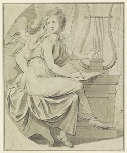 Amor inspiruje mladou ženu, která jednou rukou brnká na lyru a druhou píše od Angelica Kauffmann