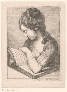 Mladá žena čte u stolu, opřela se loktem o knihu od Angelica Kauffmann