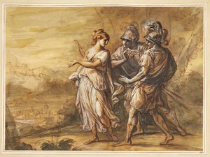 Mytologická scéna. Mladá žena s lukem čelí dvěma ozbrojeným mužům od Angelica Kauffmann