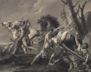 Theseus a Pirithoüs čistí Zemi od banditů, vysvobodí dvě ženy z rukou jejich únosců od Angelique Mongez