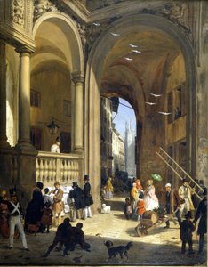 Milán, Piazza Mercanti, obraz Angelo Inganni, circa 1825.
