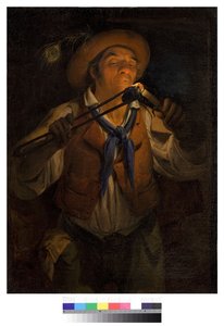 Sedlák zapalující svíčku uhlíkem, 1850