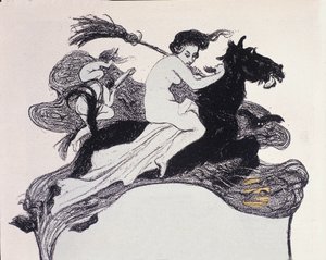 Čarodějnice pohybující se ve vzduchu. Ilustrace Angelo Jank (1868-1940) pro Jugend