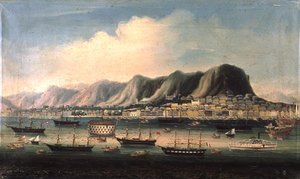 Pohled na Hong Kong, s Prison Hulkem a Kolesovým parníkem v přístavu (olej na plátně)