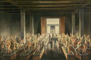Plnění truhlíků na čaj; a výroba čaje v prvním procesu, c.1820
