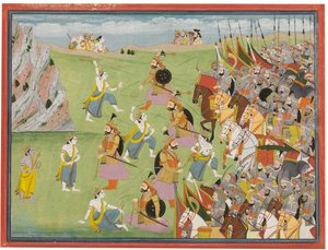 Obraz z Mahábháraty: Balabhadra bojující s Džarásandhou, Kangra nebo Garhwal, kolem 1810-20