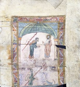 Kristus poučuje Petra v Kafarnaum o penězích na poctu, kolem roku 1000 našeho letopočtu od Anglo Saxon
