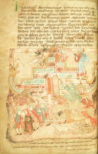 Cott Claud B IV f.15v Noe a rodina opouštějící archu, z Aelfric Pentateuch, ze St. Augustine