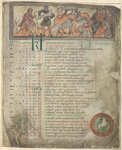 Cotton Tiberius B. V, 1. část, f.5 Kalendářní stránka na květen. Péče o ovce. Dva pastýři se svým stádem, jeden drží lump, a tři sedící postavy. U nohou Beran v rondelu od Anglo Saxon