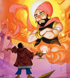 Aladin přikazuje džinovi, ilustrace z knihy "Aladin a jeho zázračná lampa" (kvaš na papíře) od Angus McBride