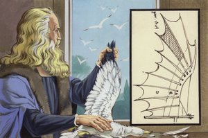 Leonardo da Vinci studuje ptáky, aby zjistil, jak může člověk létat (kvaš na papíře) od Angus McBride