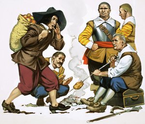 Princ Rupert v převleku za prodavače jablek vjíždí do Cromwellova tábora. od Angus McBride